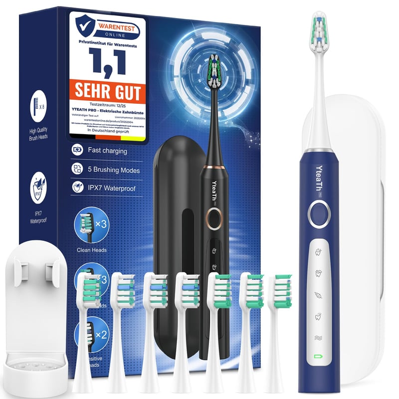 Periuță de dinți sonică YTEATH PRO pentru adulți și copii - cu 8 capete de schimb (3 tipuri), 5 moduri de periaj, baterie cu autonomie de 90 de zile, temporizator de 2 minute, etui de călătorie