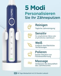 Periuță de dinți sonică YTEATH PRO pentru adulți și copii - cu 8 capete de schimb (3 tipuri), 5 moduri de periaj, baterie cu autonomie de 90 de zile, temporizator de 2 minute, etui de călătorie 4
