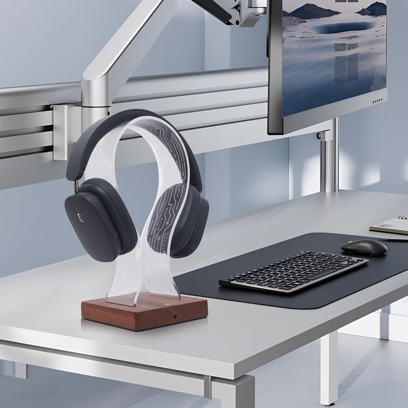 YuanDian Fejhallgató Tartó 16 Színváltó LED Világítással, Fa Headset Állvány USB és Type-C Töltőporttal, Érintésvezérléses, Távirányítós, Ga