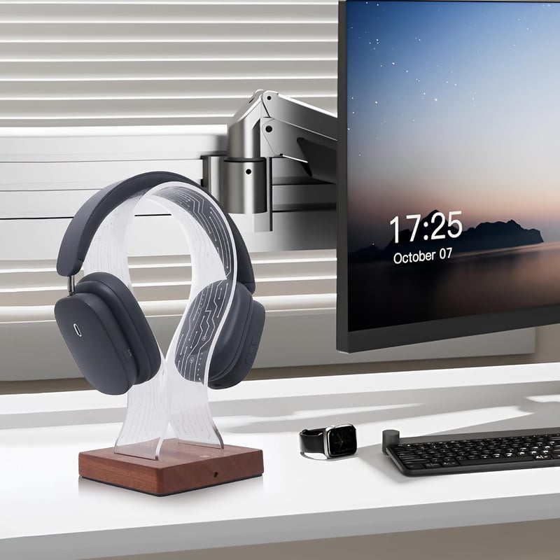 YuanDian Fejhallgató Tartó 16 Színváltó LED Világítással, Fa Headset Állvány USB és Type-C Töltőporttal, Érintésvezérléses, Távirányítós, Ga