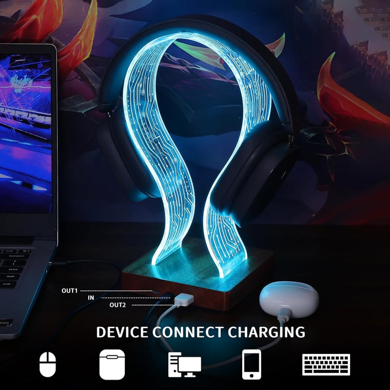 YuanDian Fejhallgató Tartó 16 Színváltó LED Világítással, Fa Headset Állvány USB és Type-C Töltőporttal, Érintésvezérléses, Távirányítós, Ga