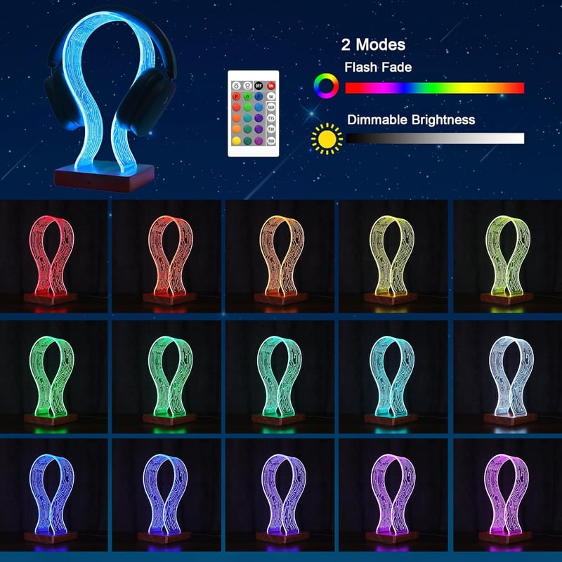 YuanDian Fejhallgató Tartó 16 Színváltó LED Világítással, Fa Headset Állvány USB és Type-C Töltőporttal, Érintésvezérléses, Távirányítós, Ga