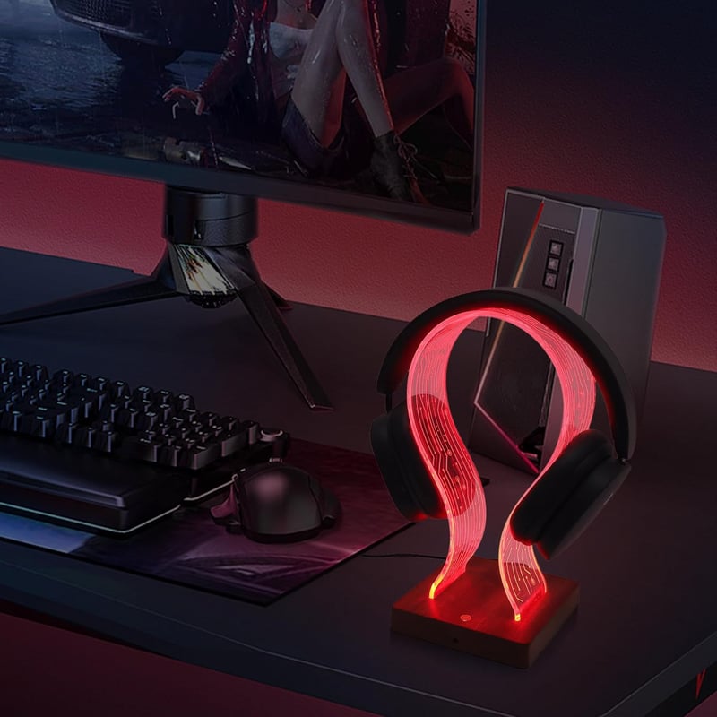 YuanDian Fejhallgató Tartó 16 Színváltó LED Világítással, Fa Headset Állvány USB és Type-C Töltőporttal, Érintésvezérléses, Távirányítós, Ga