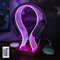 YuanDian Fejhallgató Tartó 16 Színváltó LED Világítással, Fa Headset Állvány USB és Type-C Töltőporttal, Érintésvezérléses, Távirányítós, Ga 8