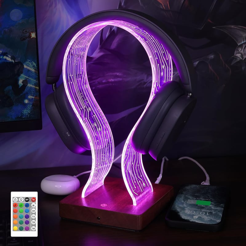YuanDian Fejhallgató Tartó 16 Színváltó LED Világítással, Fa Headset Állvány USB és Type-C Töltőporttal, Érintésvezérléses, Távirányítós, Ga