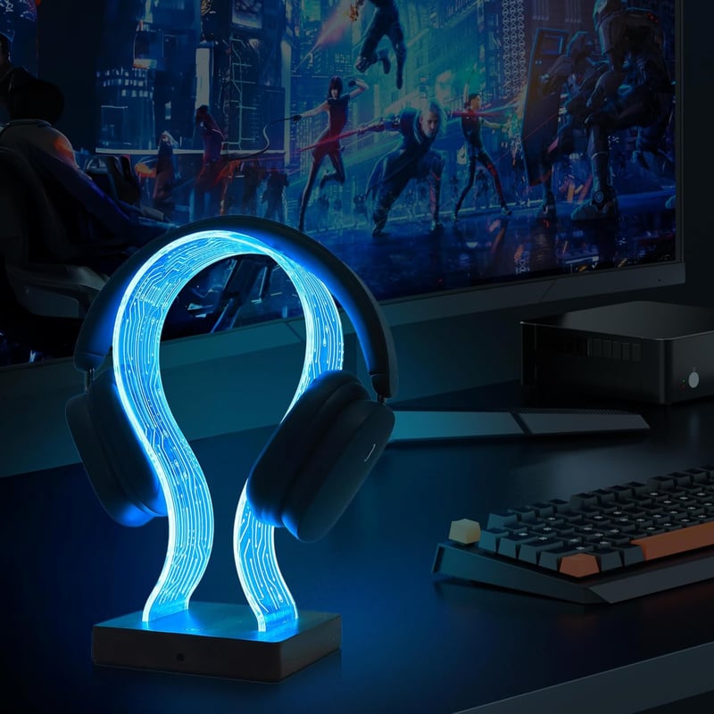 YuanDian Fejhallgató Tartó 16 Színváltó LED Világítással, Fa Headset Állvány USB és Type-C Töltőporttal, Érintésvezérléses, Távirányítós, Ga