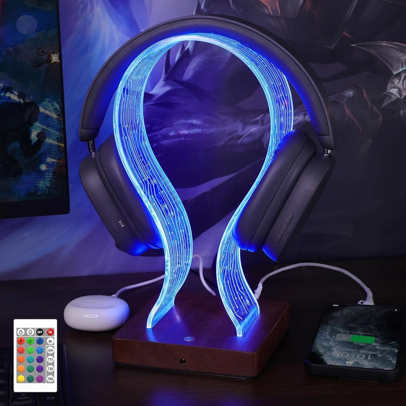 YuanDian Fejhallgató Tartó 16 Színváltó LED Világítással, Fa Headset Állvány USB és Type-C Töltőporttal, Érintésvezérléses, Távirányítós, Ga