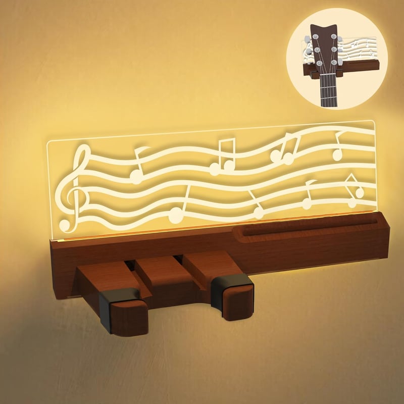 YuanDian LED Világítós Gitártartó Fali Akasztó Pengetőtartóval - USB Tápellátású Fa Gitárállvány Akusztikus Gitárhoz, Ukulelehez