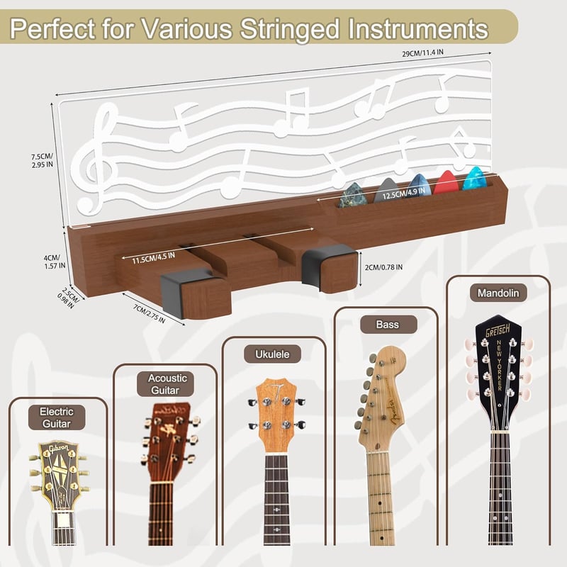 YuanDian LED Világítós Gitártartó Fali Akasztó Pengetőtartóval - USB Tápellátású Fa Gitárállvány Akusztikus Gitárhoz, Ukulelehez