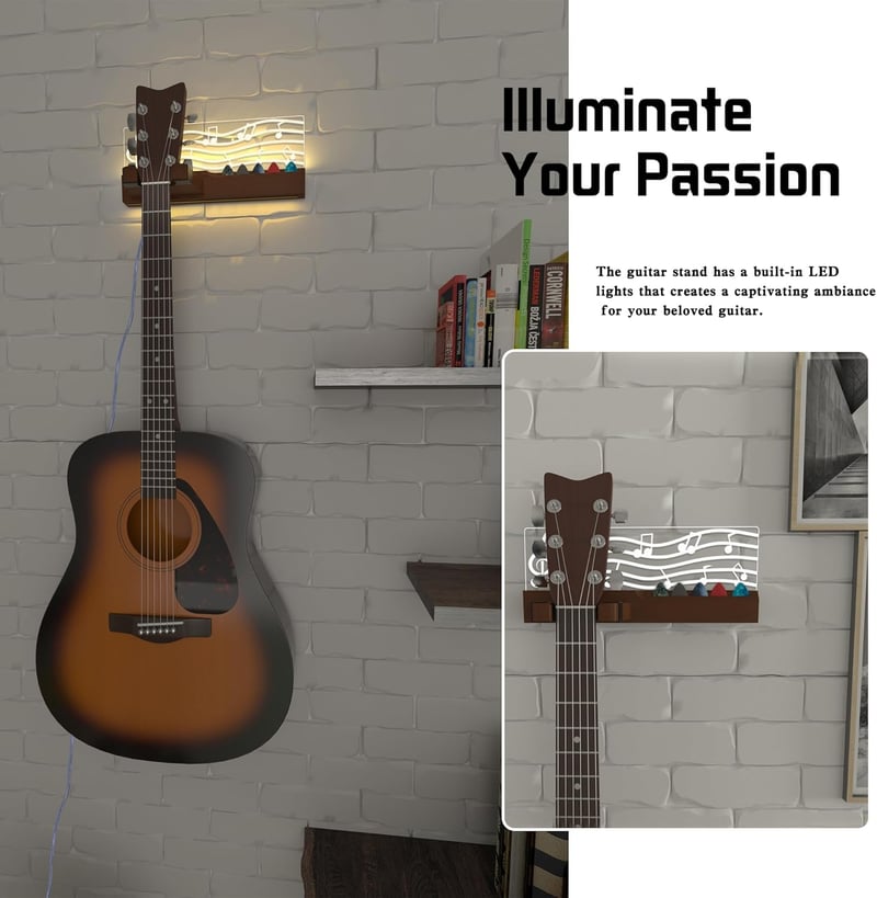 YuanDian LED Világítós Gitártartó Fali Akasztó Pengetőtartóval - USB Tápellátású Fa Gitárállvány Akusztikus Gitárhoz, Ukulelehez