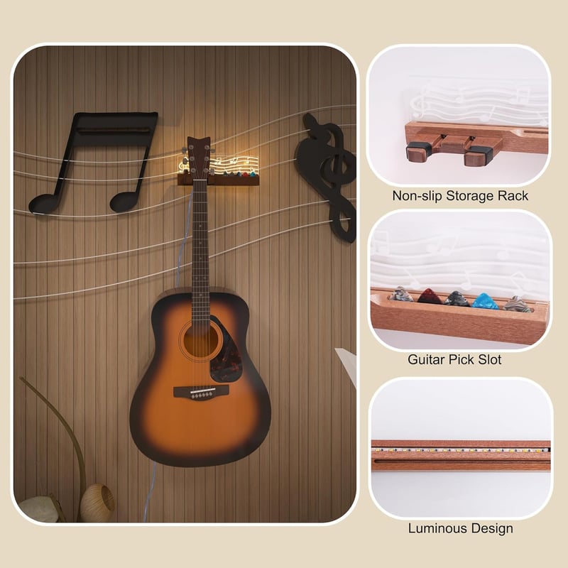 YuanDian LED Világítós Gitártartó Fali Akasztó Pengetőtartóval - USB Tápellátású Fa Gitárállvány Akusztikus Gitárhoz, Ukulelehez