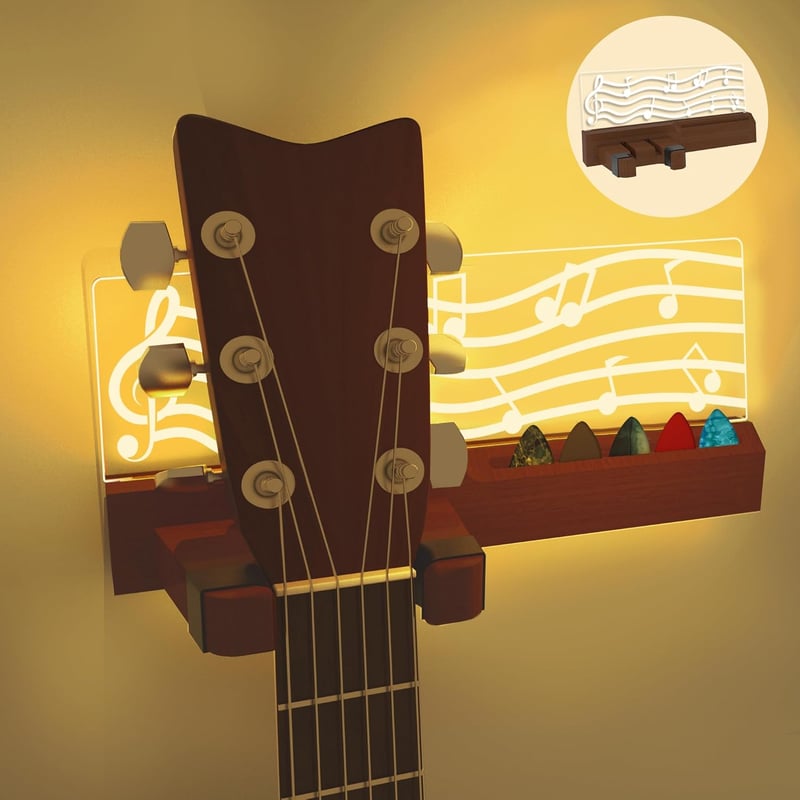 YuanDian LED Világítós Gitártartó Fali Akasztó Pengetőtartóval - USB Tápellátású Fa Gitárállvány Akusztikus Gitárhoz, Ukulelehez