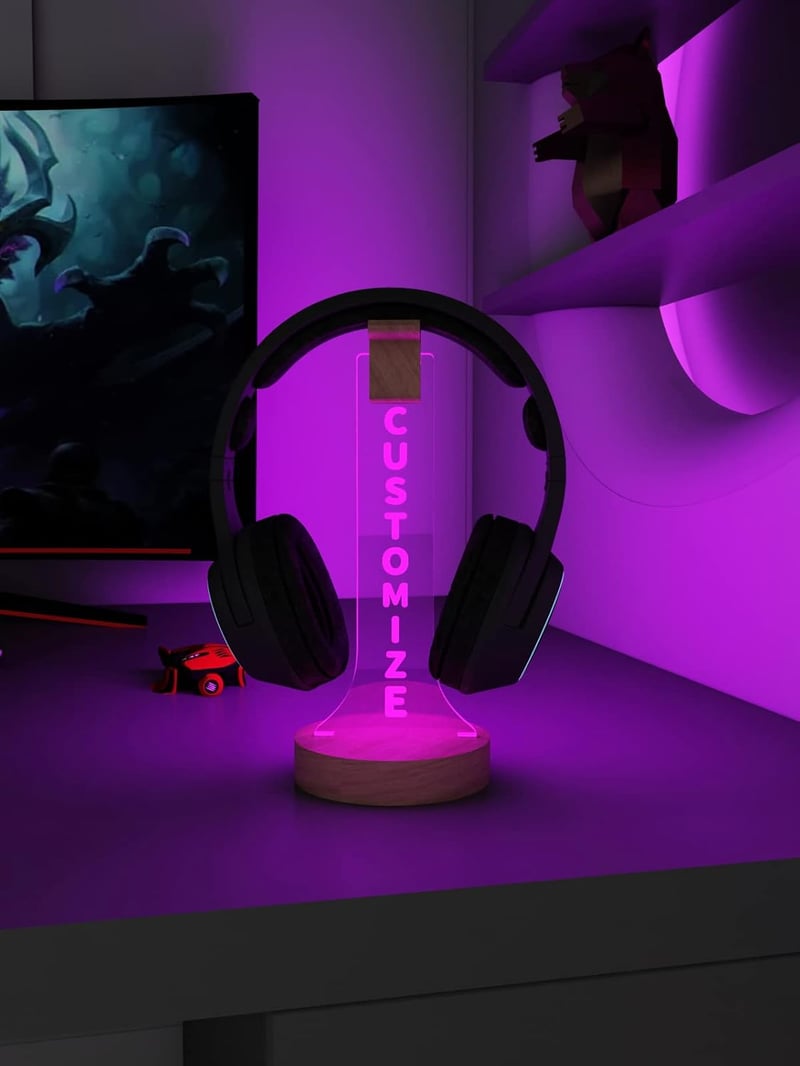 YuanDian Személyre Szabható RGB Fejhallgató Tartó Állvány Fából - 16 Színű LED Világítással Gamer Szobába, Egyedi Ajándék Játékosoknak