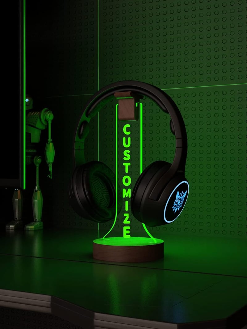 YuanDian Személyre Szabható RGB Fejhallgató Tartó Állvány Fából - 16 Színű LED Világítással Gamer Szobába, Egyedi Ajándék Játékosoknak