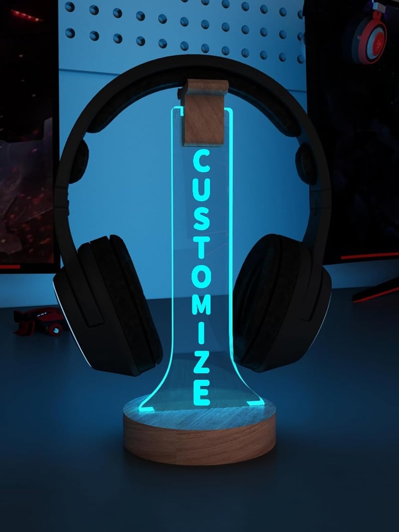 YuanDian Személyre Szabható RGB Fejhallgató Tartó Állvány Fából - 16 Színű LED Világítással Gamer Szobába, Egyedi Ajándék Játékosoknak