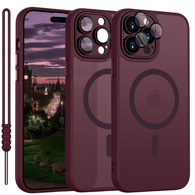 Kryt YUANDMI pre iPhone 14 Pro kompatibilný s MagSafe, magnetický, tenký, matný, s ochranou fotoaparátu, odolný proti poškriabaniu, nárazuvzdorný, protišmykový, tmavočervený