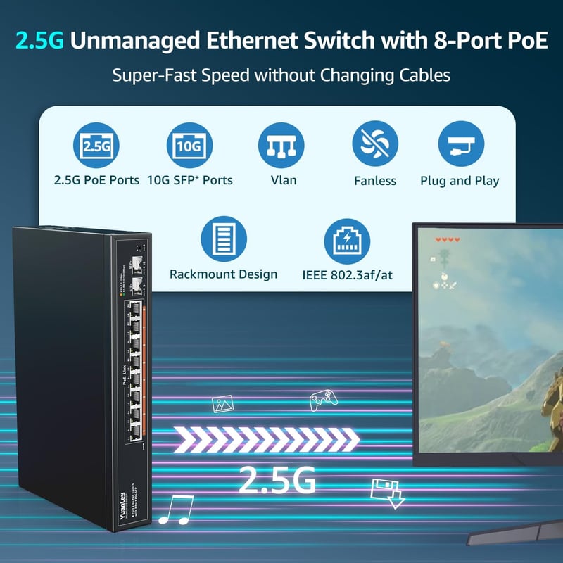 Switch de rețea YuanLey cu 10 porturi 2.5G PoE, 8x2.5Gbps + 2x10G SFP, 120W, carcasă metalică