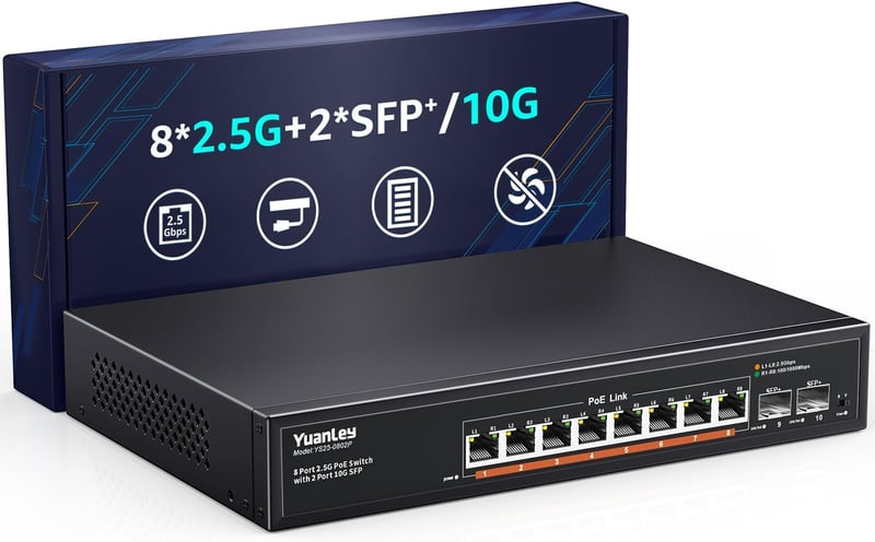Switch de rețea YuanLey cu 10 porturi 2.5G PoE, 8x2.5Gbps + 2x10G SFP, 120W, carcasă metalică