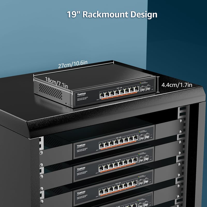 Switch de rețea YuanLey cu 10 porturi 2.5G PoE, 8x2.5Gbps + 2x10G SFP, 120W, carcasă metalică