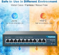 YuanLey 10 portos PoE switch 8x100Mbps 2x1Gbps 120W fémházas hálózati elosztó 7