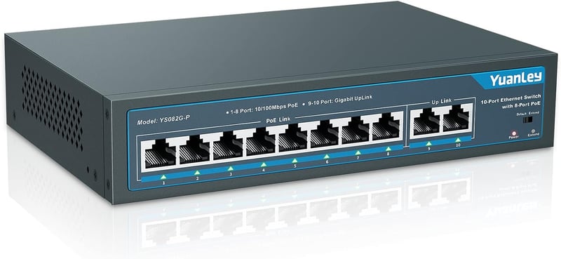 YuanLey 10 portos PoE switch 8x100Mbps 2x1Gbps 120W fémházas hálózati elosztó