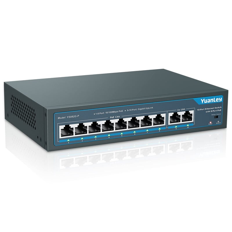 YuanLey 10-portový PoE switch 8x100Mbps 2x1Gbps 120W sieťový rozbočovač s kovovým telom