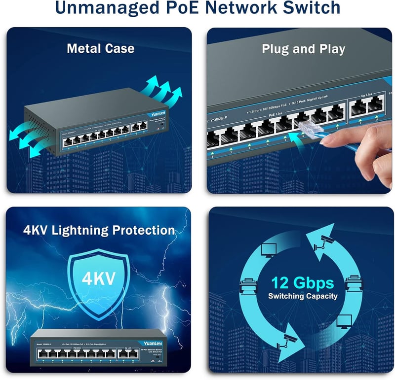 YuanLey 10 portos PoE switch 8x100Mbps 2x1Gbps 120W fémházas hálózati elosztó