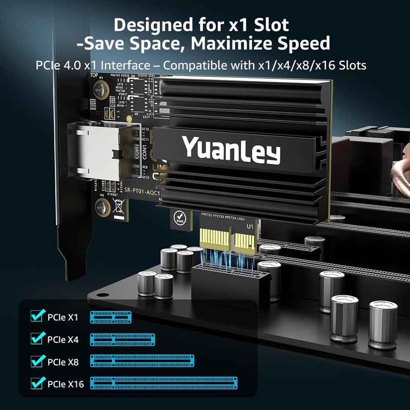 YuanLey 10G PCIe Hálózati Kártya Marvell AQC113 Vezérlővel, 10Gb Ethernet Adapter RJ45 Csatlakozóval, Windows 10/11 és Linux Kompatibilis