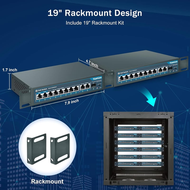 YuanLey 11 Portos Gigabit PoE Switch 8 PoE+ Port 1000 Mbps 2 Uplink 1 SFP Port 120W Ethernet Kapcsoló Fém Ház QoS