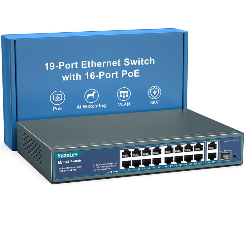 YuanLey 16-portni PoE+ switch, 2 gigabitna uplink porta, 1 SFP, 250W, VLAN, 6KV zaštita - crni