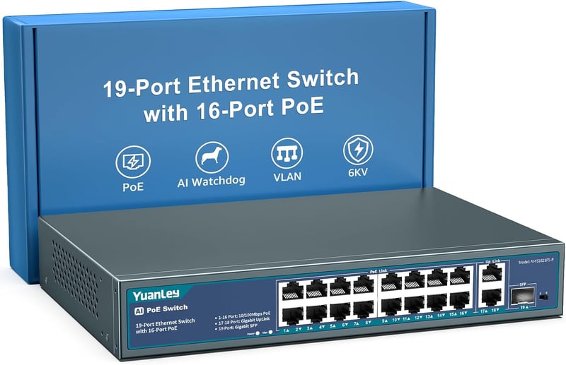 YuanLey 16 portos PoE switch 2 Gigabit uplink, 250W, 802.3af/at, VLAN, 6KV védelem - 19