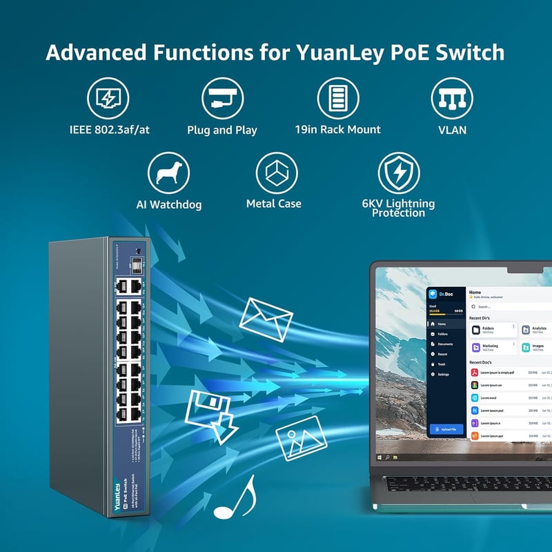 YuanLey 16 portos PoE switch 2 Gigabit uplink, 250W, 802.3af/at, VLAN, 6KV védelem - 19