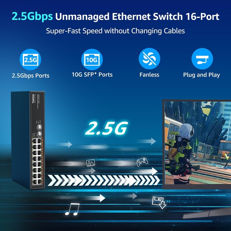 YuanLey 18 portos 2.5G hálózati switch, 16x2.5G + 2x10G SFP, fémházas, asztali/rack - 18 Port | 16x2.5G +2x10G SFP, black