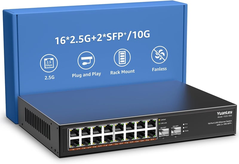 YuanLey 18 portos 2.5G hálózati switch, 16x2.5G + 2x10G SFP, fémházas, asztali/rack - 18 Port | 16x2.5G +2x10G SFP, black