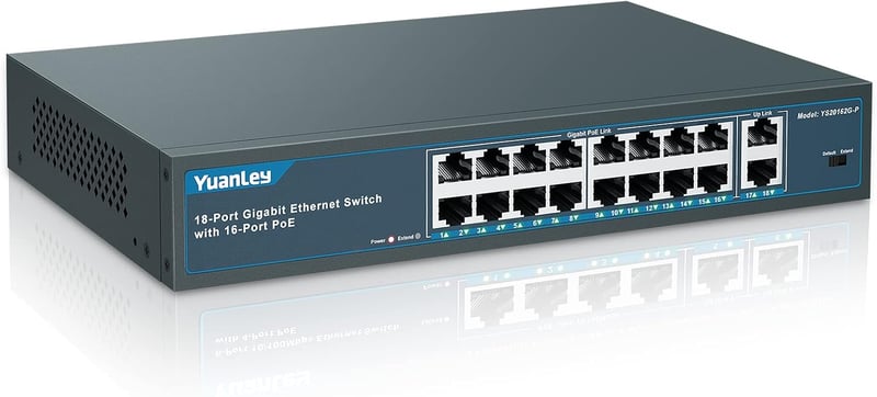 YuanLey 18 Portos Gigabit PoE Switch, 16 PoE+ Port 1000 Mbps, 2 Uplink Port, 250W Hálózati Kapcsoló Rack Szerelhető