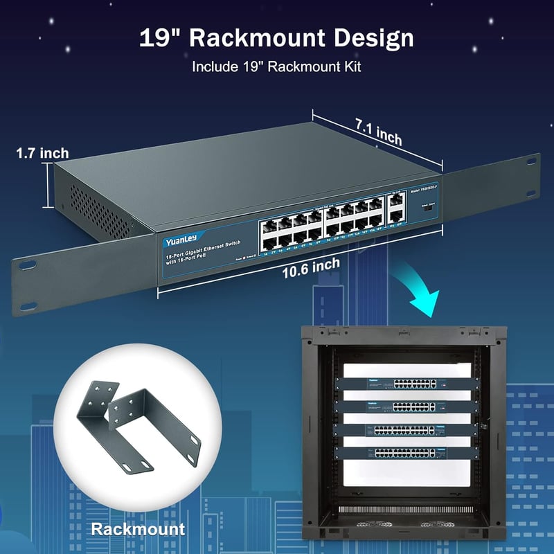 YuanLey 18 Portos Gigabit PoE Switch, 16 PoE+ Port 1000 Mbps, 2 Uplink Port, 250W Hálózati Kapcsoló Rack Szerelhető