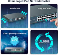 YuanLey 18 Portos Gigabit PoE Switch, 16 PoE+ Port 1000 Mbps, 2 Uplink Port, 250W Hálózati Kapcsoló Rack Szerelhető 6