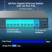 YuanLey 18 Portos Gigabit PoE Switch, 16 PoE+ Port 1000 Mbps, 2 Uplink Port, 250W Hálózati Kapcsoló Rack Szerelhető 2