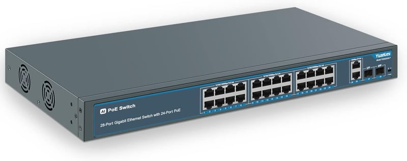 YuanLey 28 Portos Gigabit PoE Switch 24x PoE+ 400W Hálózati Kapcsoló 2 SFP Port Fém Ház Rack Szerelhető