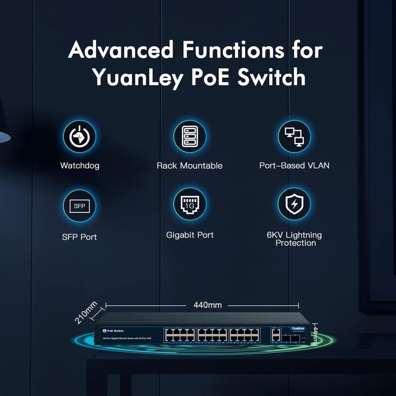 YuanLey 28 Portos Gigabit PoE Switch 24x PoE+ 400W Hálózati Kapcsoló 2 SFP Port Fém Ház Rack Szerelhető