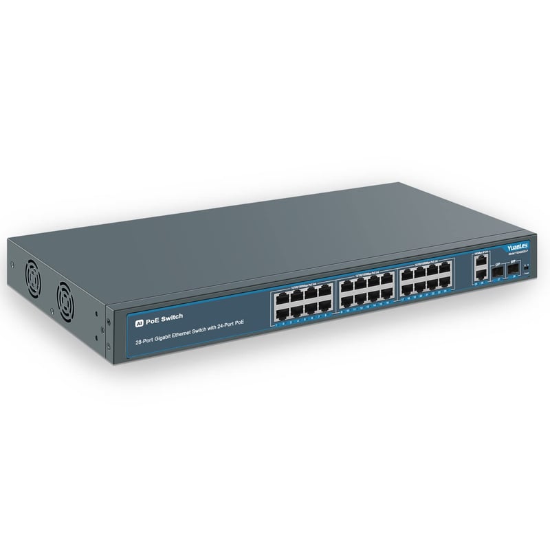 YuanLey 28-portni Gigabit PoE Switch 24x PoE+ 400W Mrežni Preklopnik 2 SFP Porta Metalno Kućište Montaža u Rack