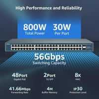 YuanLey 48 Portos Gigabit PoE Switch 800W 2 SFP Uplink Hálózati Kapcsoló Rack Szerelhető Fém Házas Ethernet Elosztó 4