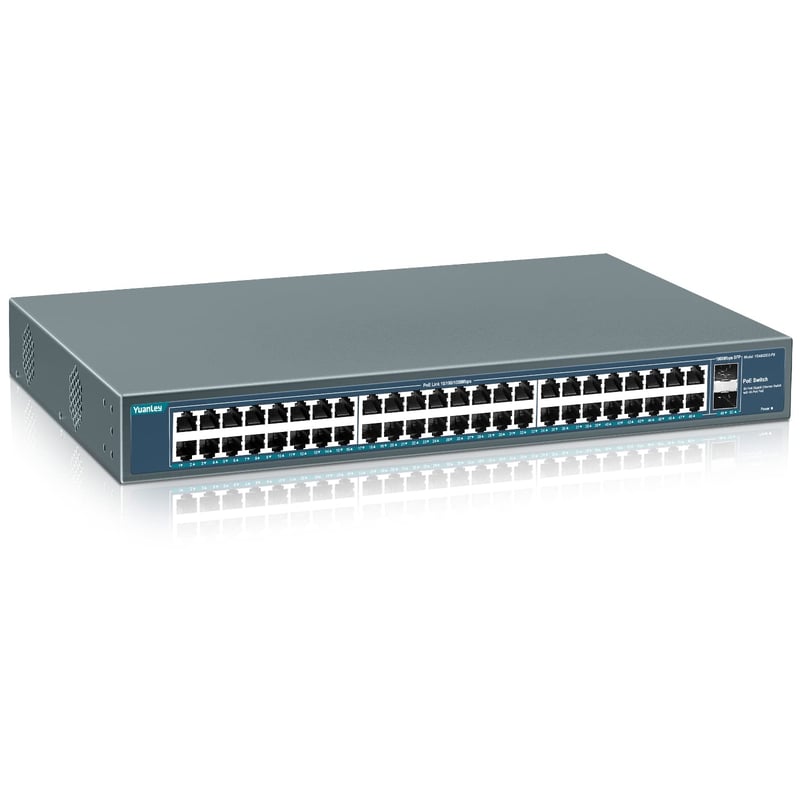 YuanLey 48-portový Gigabit PoE Switch 800W 2 SFP Uplink Sieťový Prepínač Rack Mount Kovové Šasi Ethernet Rozbočovač