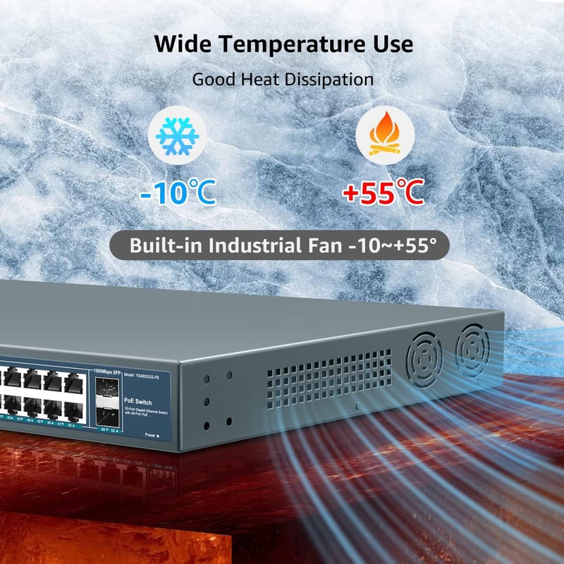 YuanLey 48 Portos Gigabit PoE Switch 800W 2 SFP Uplink Hálózati Kapcsoló Rack Szerelhető Fém Házas Ethernet Elosztó