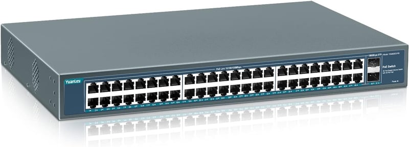 YuanLey 48 Portos Gigabit PoE Switch 800W 2 SFP Uplink Hálózati Kapcsoló Rack Szerelhető Fém Házas Ethernet Elosztó