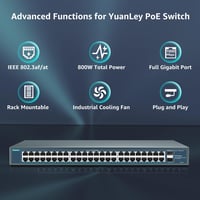 YuanLey 48 Portos Gigabit PoE Switch 800W 2 SFP Uplink Hálózati Kapcsoló Rack Szerelhető Fém Házas Ethernet Elosztó 2