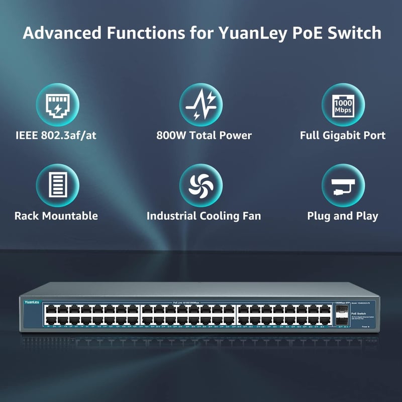 YuanLey 48 Portos Gigabit PoE Switch 800W 2 SFP Uplink Hálózati Kapcsoló Rack Szerelhető Fém Házas Ethernet Elosztó