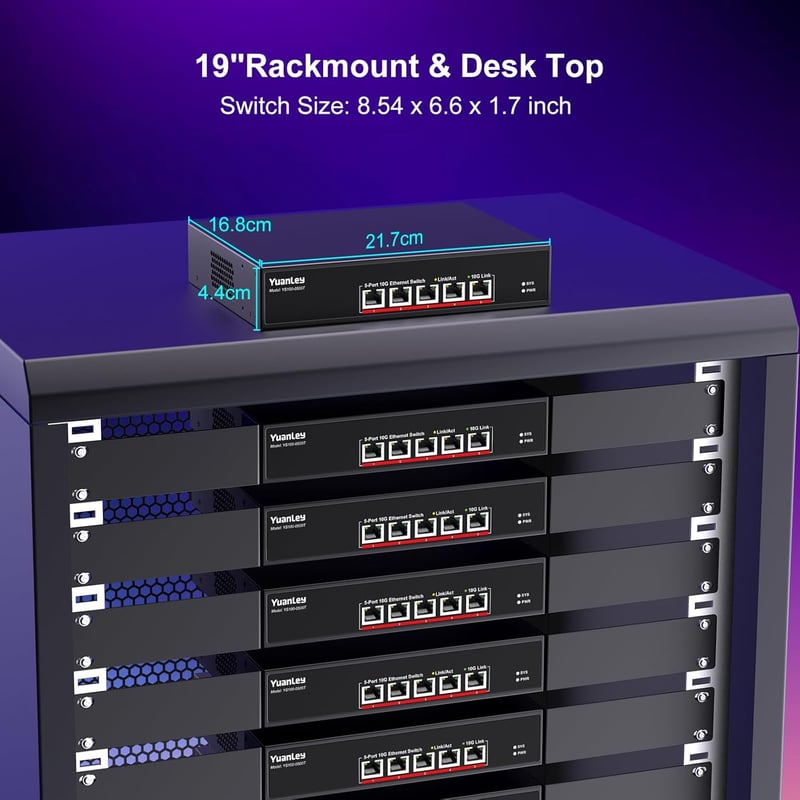 YuanLey 5 portos 10G Ethernet switch, 100Gbps kapacitás, automatikus sebességváltás - 5 port 10G, black