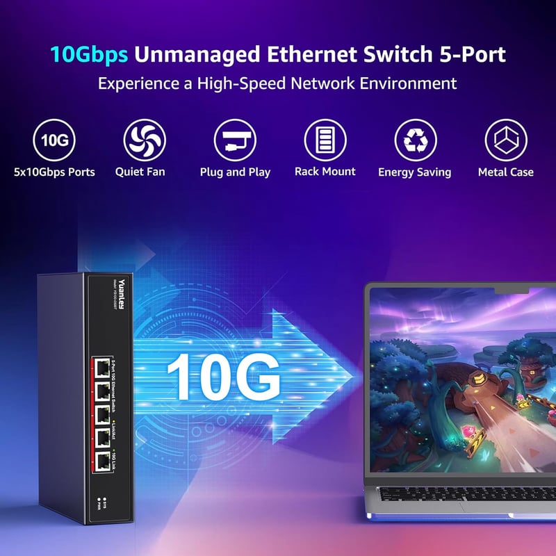 YuanLey 5 portos 10G Ethernet switch, 100Gbps kapacitás, automatikus sebességváltás - 5 port 10G, black