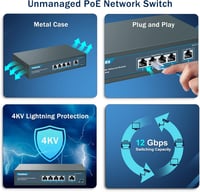YuanLey 5 Portos Gigabit PoE Switch 4 PoE+ Port 78W Beépített Tápegység Ventilátormentes Hálózati Kapcsoló 6